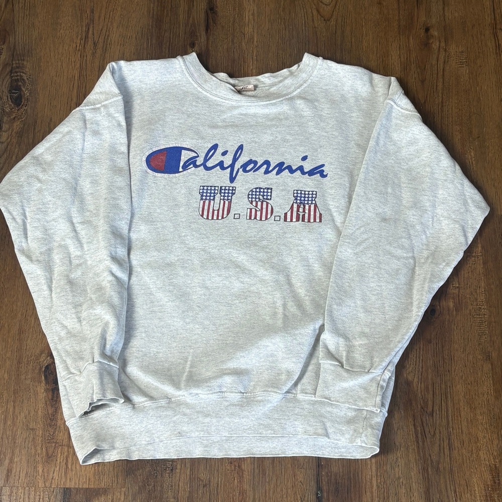 Vintage California USA Champion-Style Crewneck M/L Boxy Sweatshirt Flag Graphic